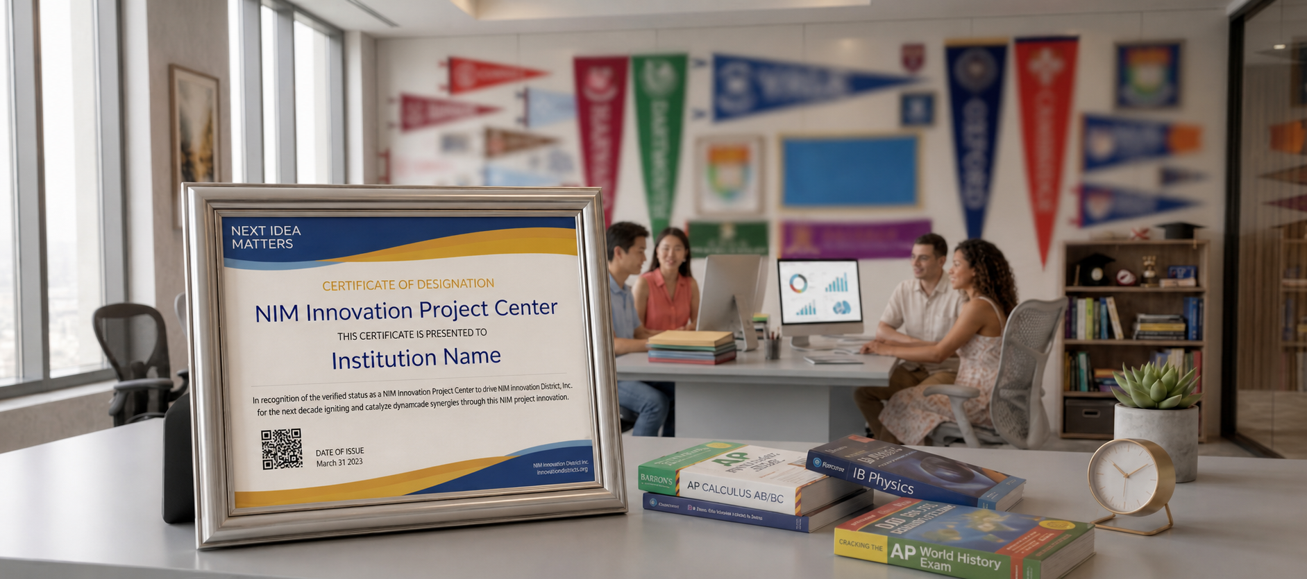 A prominent framed NIM Innovation Project Center certificate displayed in an institution meeting room