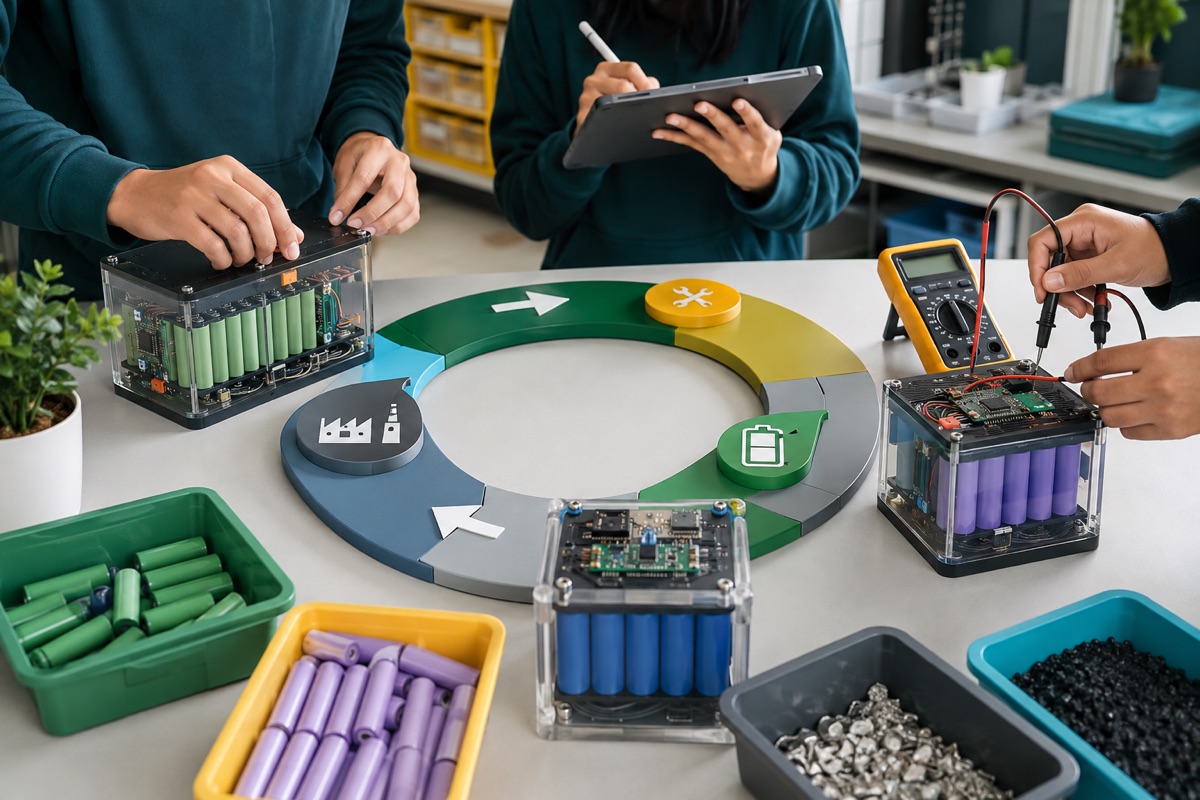 Students testing a circular battery reuse and recycling system model