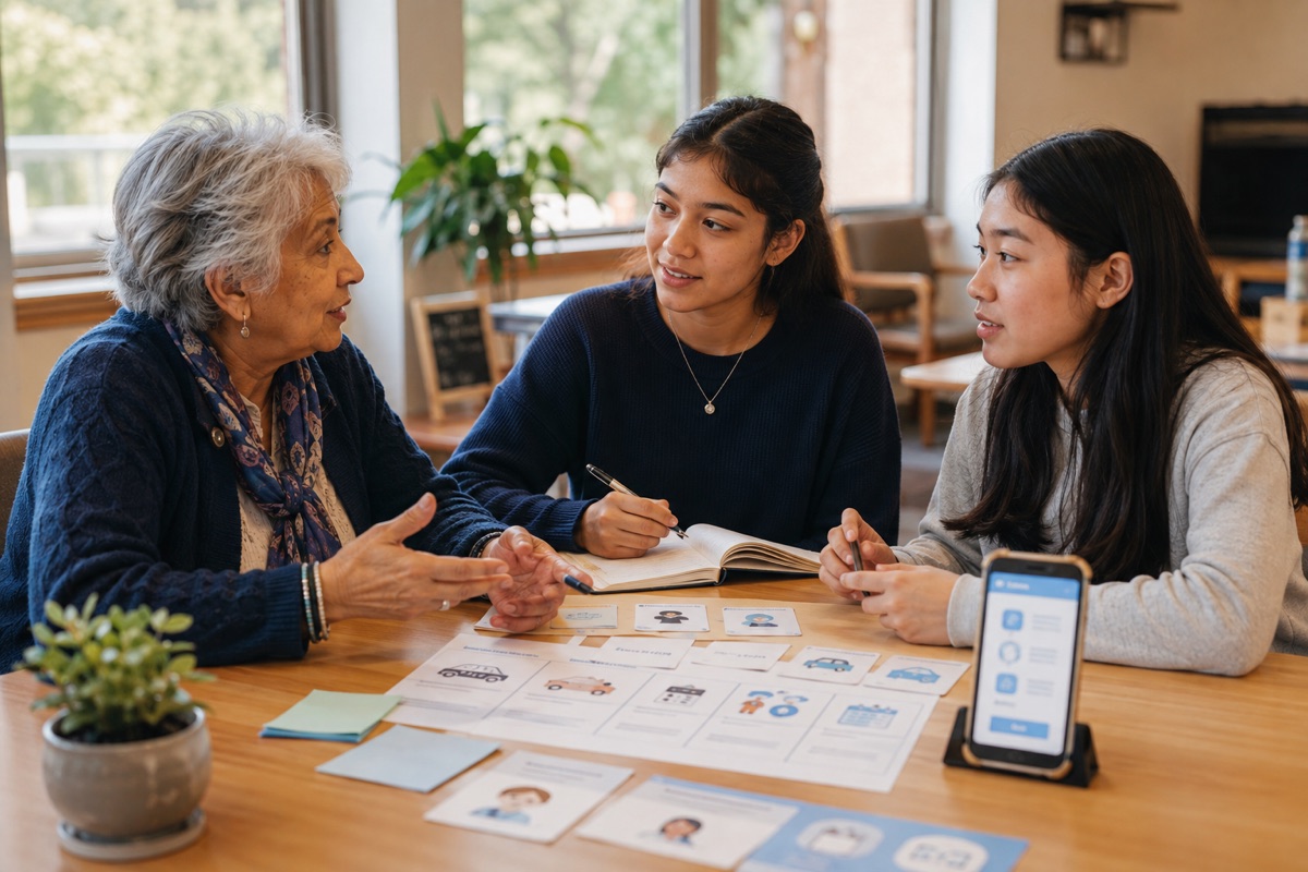 Student researchers designing a medical chaperon service with an older adult
