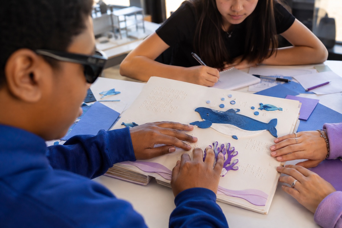 Students testing a tactile picture book designed for visually impaired readers
