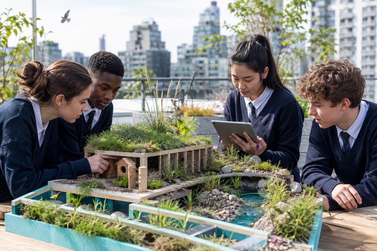 Students testing a sustainable urban bird habitat ecosystem model